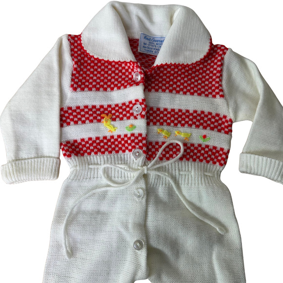 Vintage Baby Knit Coverall White Red Romper Footed Acrylic Japan 1970s Infant - Picture 3 of 5